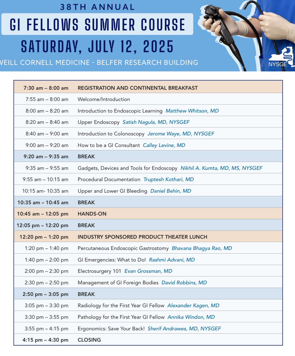 AdvaniRashmiMD's tweet image. The @NYSGE #Firstyearfellow course is THIS SATURDAY!
If you haven’t registered, please use the link ⬇️
nysge.memberclicks.net/index.php?opti…
An amazing lineup of high-yield #GI topics (see below) by ⭐️ faculty!
Thanks 🙏🏾 for the invite to give a talk on #GIEmergencies!