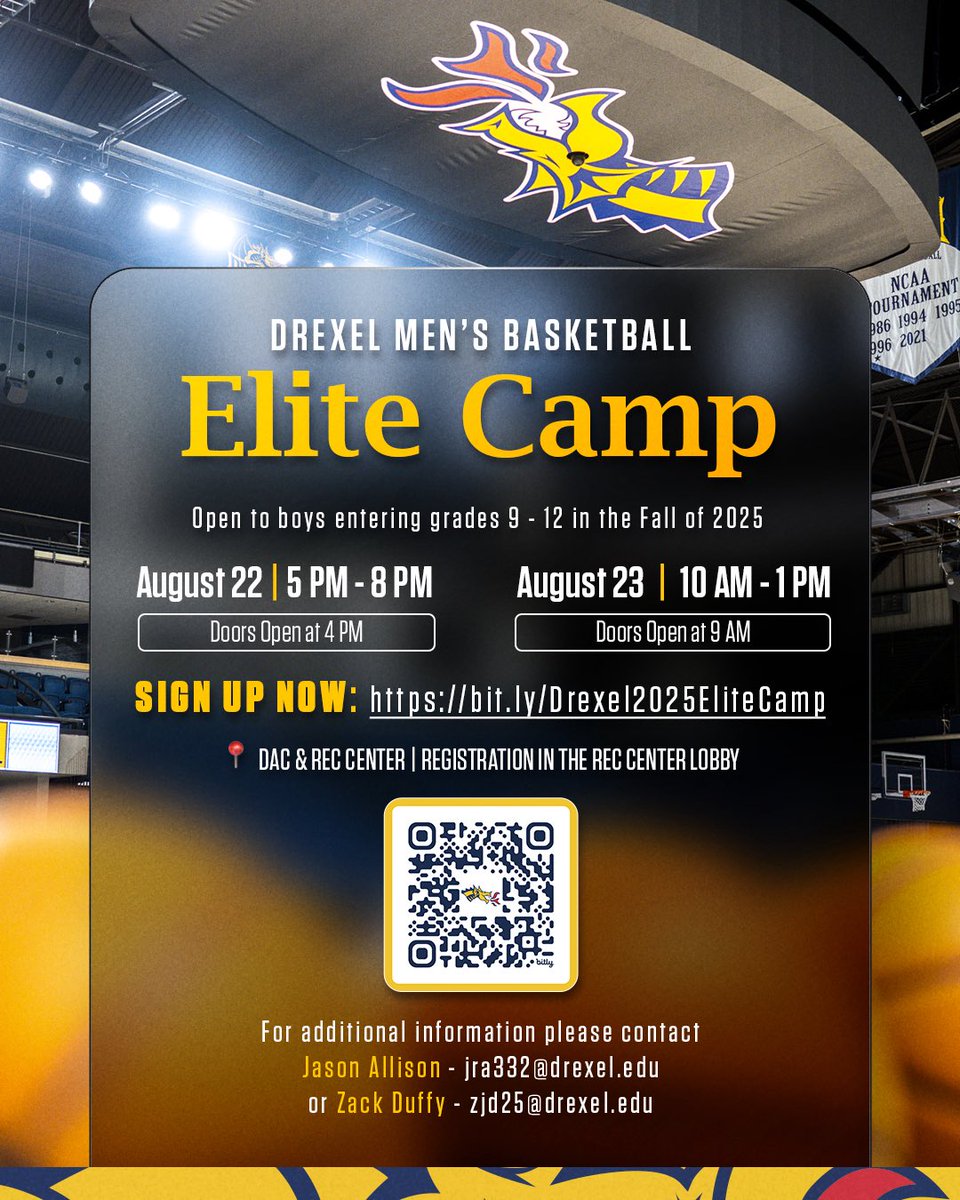 DrexelMBB's tweet image. Now’s your chance to sign up for Drexel Men’s Basketball Elite Camp.
Open to any and all boys entering grade 9 through grade 12.
🗓️ l 8/22 & 8/23
📍 l Daskalakis Athletic Center
🔗 l secure.touchnet.com/C20688_ustores…
#FearTheDragon 🐉