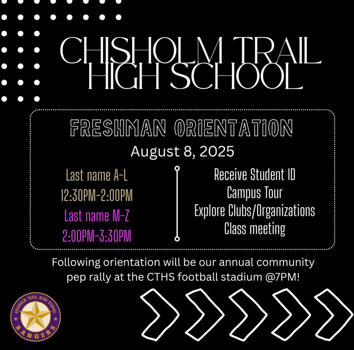 ChisholmTrailHS's tweet image. We can’t wait to see all of our new Rangers at Freshman Orientation August 8th followed by the community pep rally at 7! 💜💛