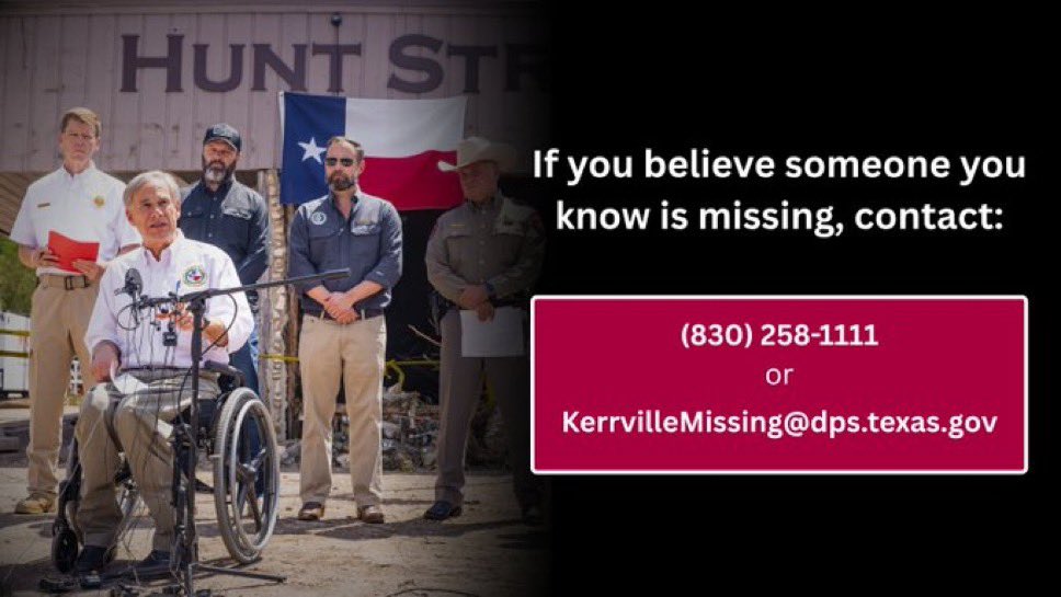 RepEllzey's tweet image. As we continue to keep the folks of Kerr County in our prayers, Texans from across the state are working tirelessly to help save lives.
If you have any information, please call (830) 258-1111.
We won’t stop. These are our friends, our neighbors, and our loved ones. We’re…