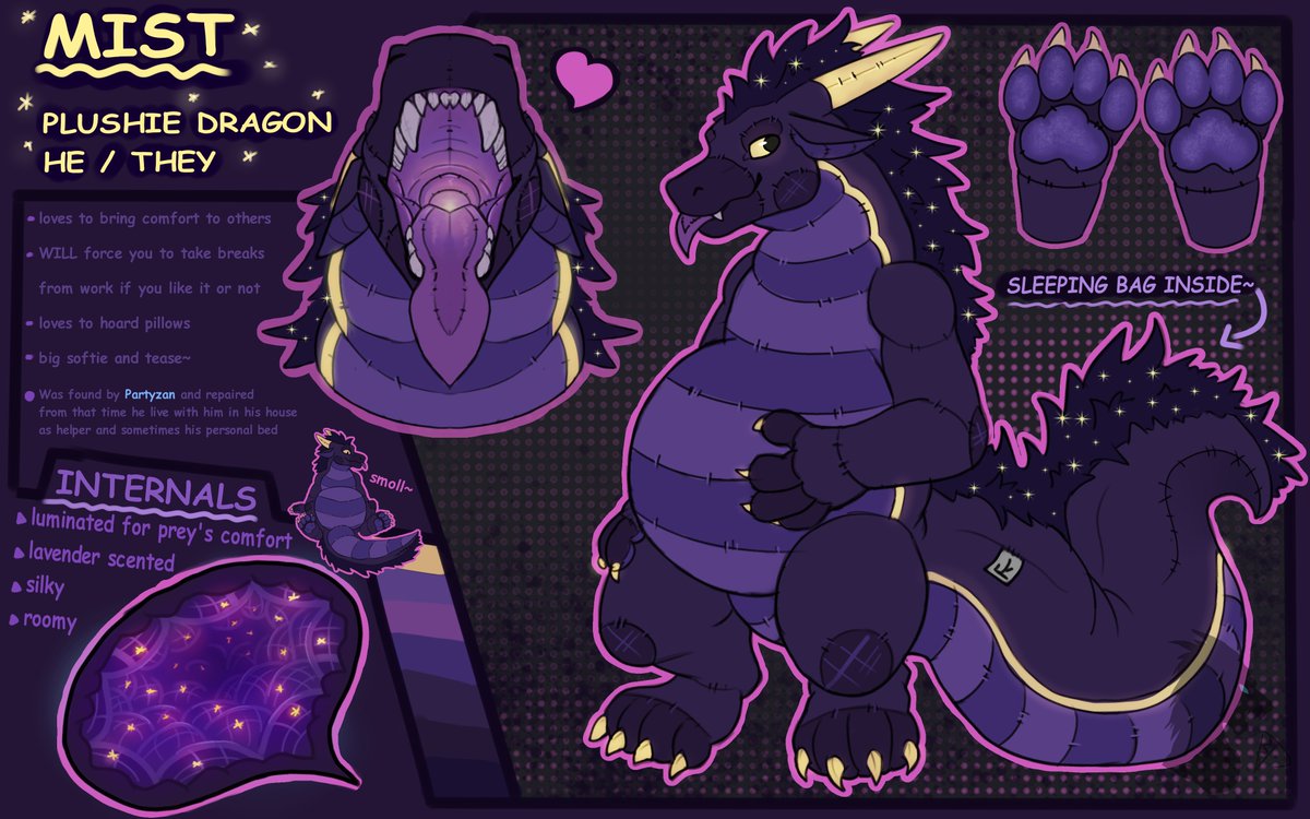 Partyzan_noodle's tweet image. I am so happy that I can finally show you all my new dragon plush oc!!!  Really this cutie represent the idea of "comfort pred" for me  &amp;gt;//W//&amp;lt;

Also I am really proud of how I drew him and that ref.. exactly how I imagined him!  hope you will gonna like him too~ 💙💜💙