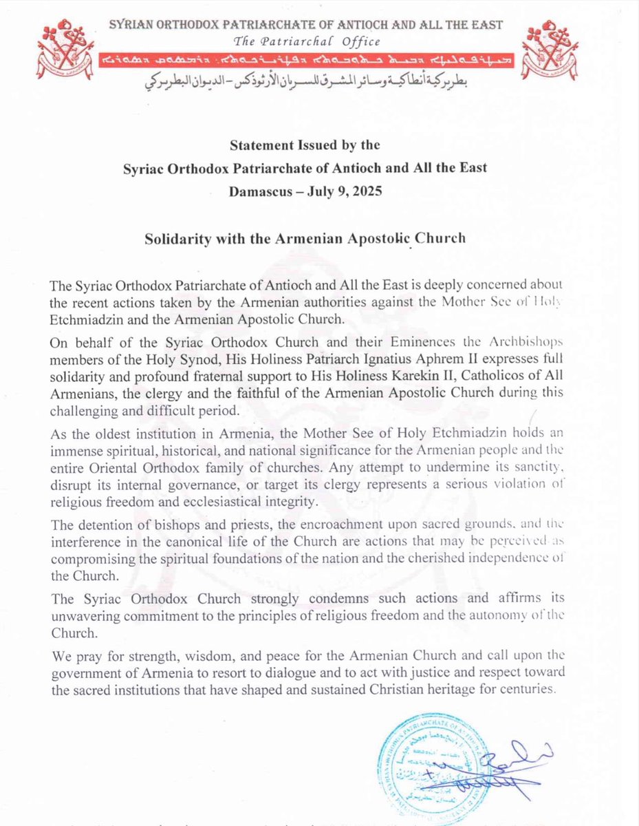 kbalian90's tweet image. BREAKING: Syriac Orthodox Patriarchate of Antioch and All the East stands in full solidarity with the Armenian Apostolic Church amid increasing state pressure on its clergy and sacred institutions.