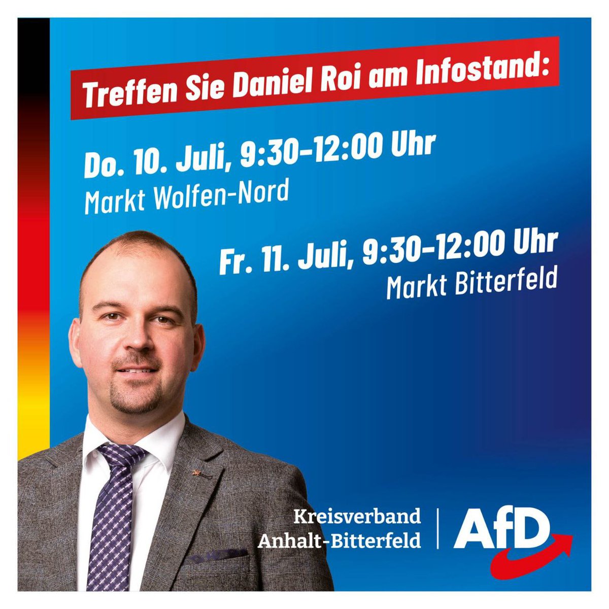 Treffen Sie unseren Kreisvorsitzenden und Mitglied des Landtages Daniel Roi am Donnerstag in #Wolfen-Nord und am Freitag in #Bitterfeld!
