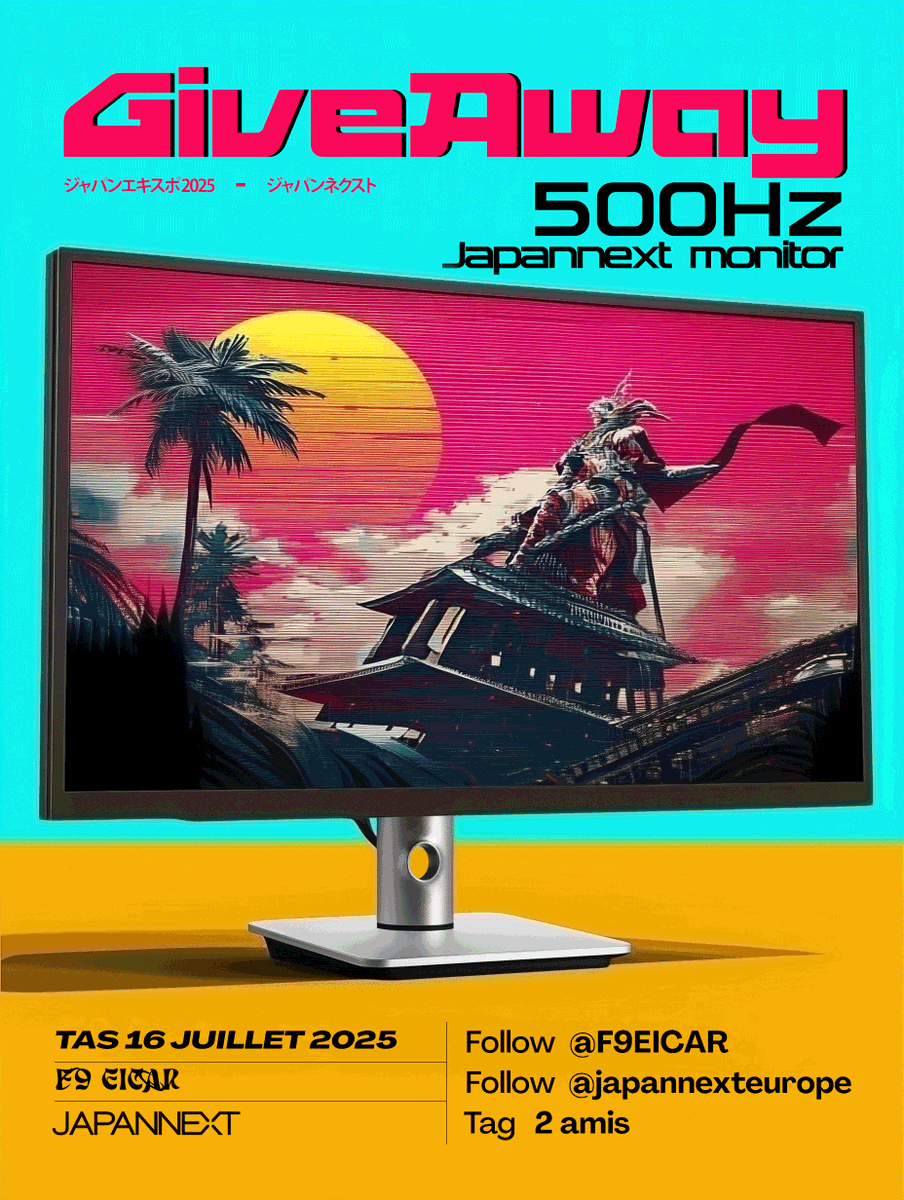 🎁 GIVEAWAY 🎁 

Ça vous dit un écran Japannext de 500Hz ?  

Après la Japan Expo, où Japannext a été notre partenaire officiel, on prolonge l’aventure en vous offrant l’écran d’exposition utilisé pendant l’événement !  

Pour tenter votre chance : 
✅ Suivre <a href="/F9EICAR/">F9 EICAR</a> et