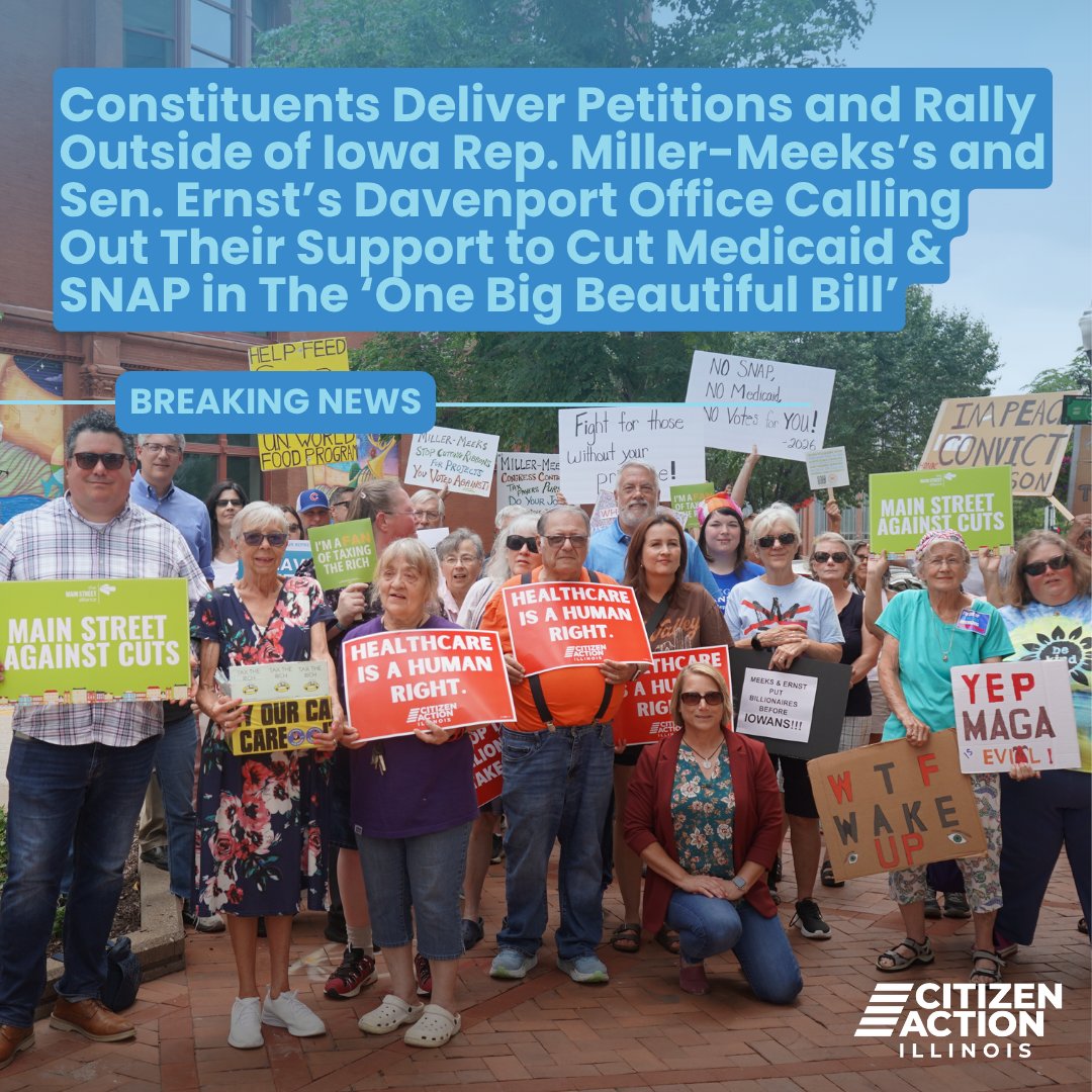 CitizenActionIL's tweet image. We joined allies across state lines for a powerful show of unity and resistance outside the Davenport offices of Rep. Miller-Meeks and Sen. Ernst. 1000+ constituents signed petitions condemning their votes in favor of the so-called “Big Beautiful Bill” 

Their offices? Closed.