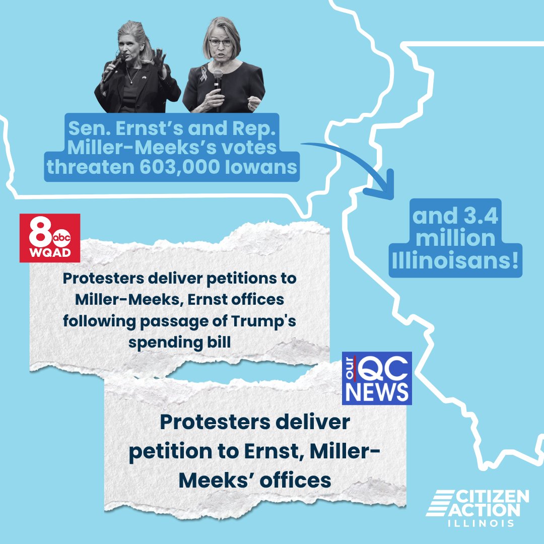 CitizenActionIL's tweet image. We joined allies across state lines for a powerful show of unity and resistance outside the Davenport offices of Rep. Miller-Meeks and Sen. Ernst. 1000+ constituents signed petitions condemning their votes in favor of the so-called “Big Beautiful Bill” 

Their offices? Closed.
