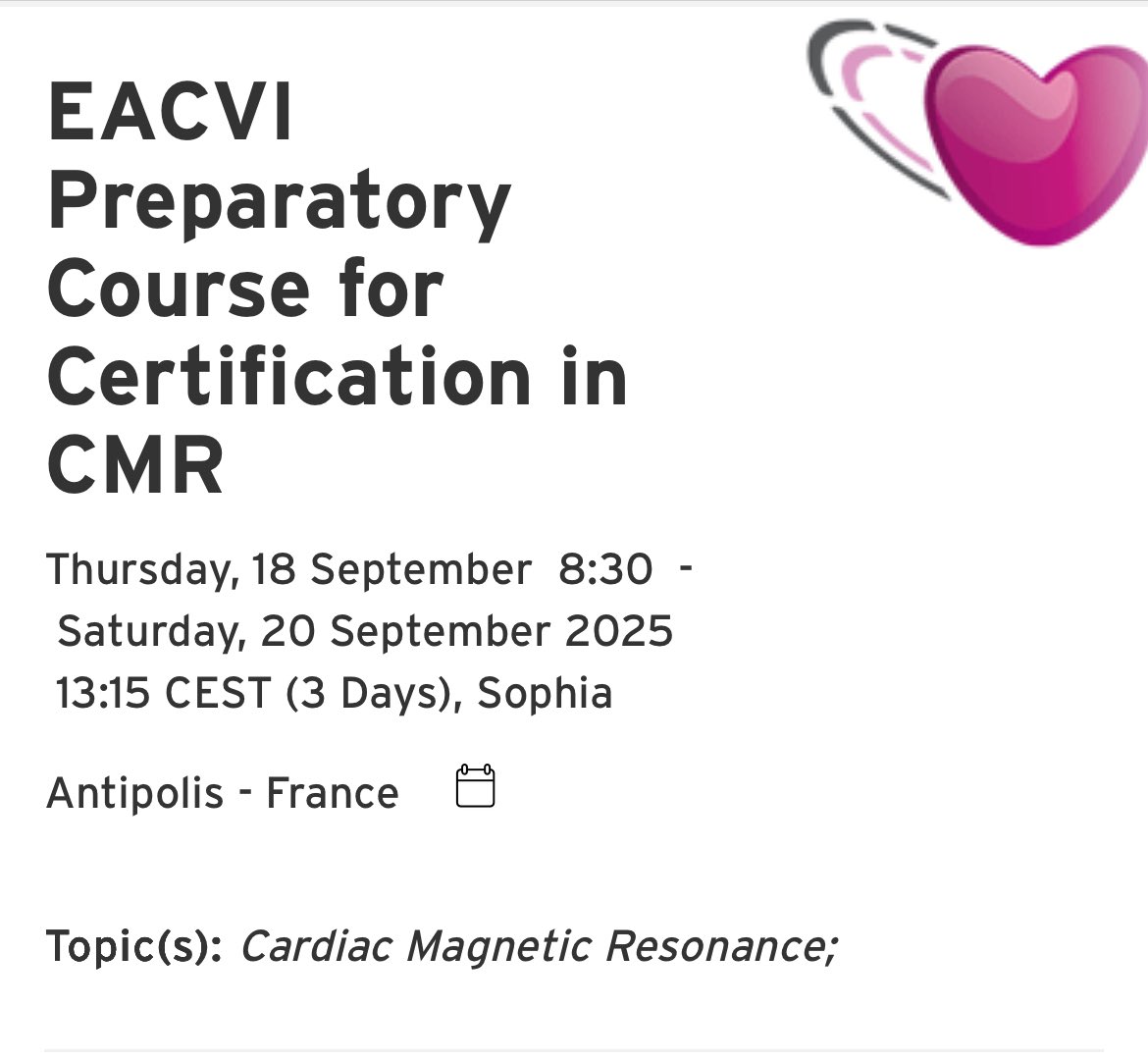 Join the Next Edition of the #EACVI CMR Course – 18–20/09
📍 European Heart House 🇫🇷

Experience an immersive 3 day programme combining interactive lectures with hands-on practical training, including:
•Simulation scanning sessions
•Image analysis workshops on dedicated