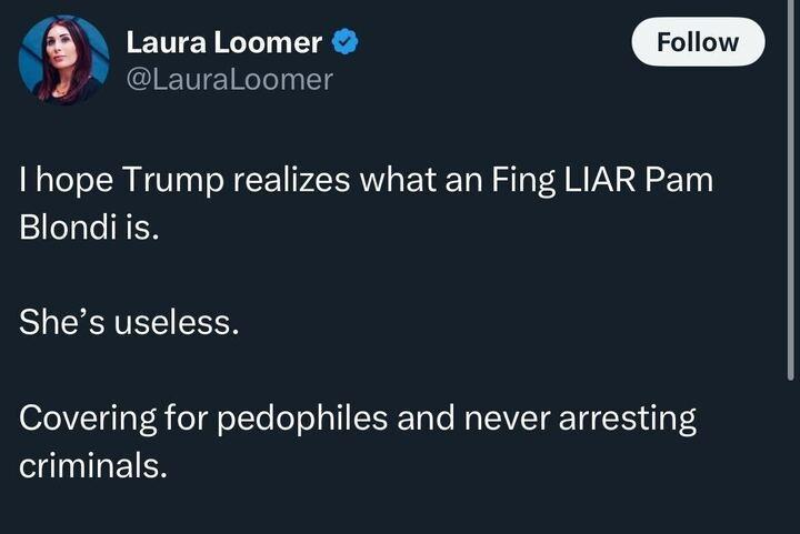 JschulStl's tweet photo. @LauraLoomer 

you do realize that @realDonaldTrump is the one who's covering it up, right?

or are you that fucking delusional to believe him still? https://t.co/PkZf1tpj49