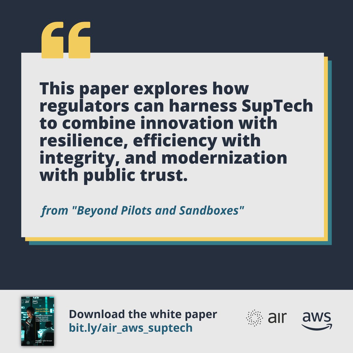 Alliance for Innovative Regulation (@airinnovate) on Twitter photo Are you a regulatory professional looking to modernize your supervisory practices?
Our joint white paper with <a href="/awscloud/">Amazon Web Services</a>, "Beyond Pilots and Sandboxes: Regulatory Innovation through SupTech Case Studies & Leading Practices," is available to download ➡️ bit.ly/air_aws_suptech Are you a regulatory professional looking to modernize your supervisory practices?
Our joint white paper with <a href="/awscloud/">Amazon Web Services</a>, "Beyond Pilots and Sandboxes: Regulatory Innovation through SupTech Case Studies & Leading Practices," is available to download ➡️ bit.ly/air_aws_suptech