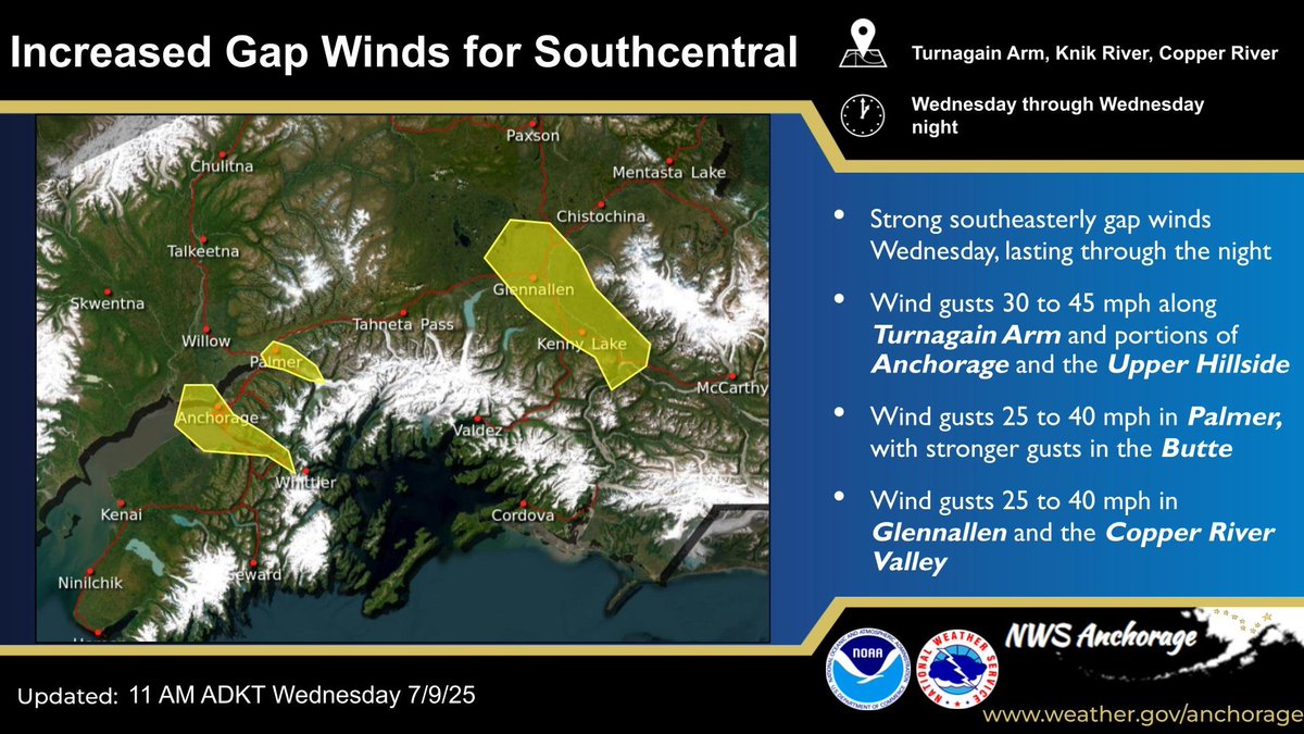 NWSAnchorage's tweet image. Tightening pressure gradients will produce strong southeasterly gap winds today through tonight. See the graphic and head to weather.gov/afc for more details! #akwx