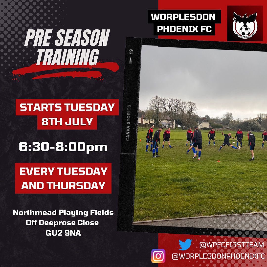 Worplesdon Phoenix FC (@wpfcfirstteam) on Twitter photo 🚨CLUB NEWS 🚨
Pre season started last night and despite the hot weather really good numbers Inc a few new faces.
We continue tomorrow so if you fancy it pop down, or send us a D/M or email 📧 contact.wpfc@gmail.com for more information.
#utp 🔴⚫️🔵⚫️ 🚨CLUB NEWS 🚨
Pre season started last night and despite the hot weather really good numbers Inc a few new faces.
We continue tomorrow so if you fancy it pop down, or send us a D/M or email 📧 contact.wpfc@gmail.com for more information.
#utp 🔴⚫️🔵⚫️