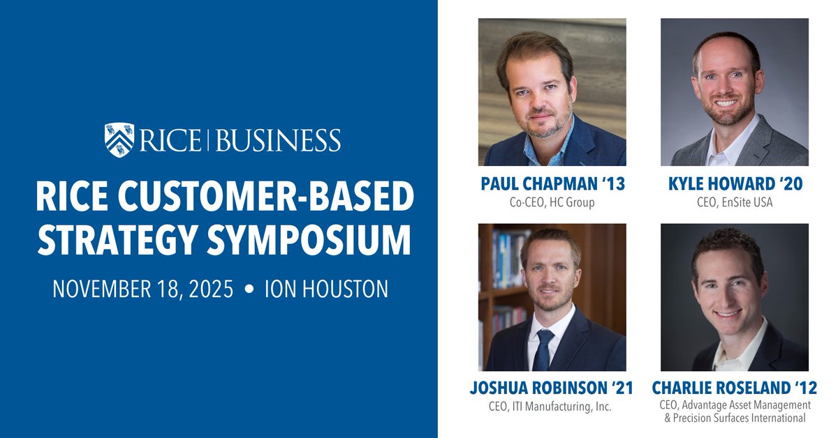 Save the date! The Rice Customer-Based Strategy Symposium returns Nov. 18 at the Ion Houston. Hear from Rice Business alumni CEOs as they share what it really takes to drive value for customers, employees and shareholders — in any field.
Register now ➞ tinyurl.com/3wv9pjtk