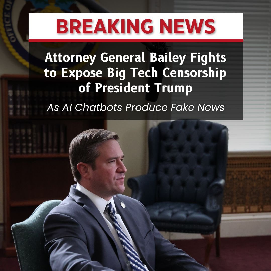 Attorney General Andrew Bailey (@agandrewbailey) on Twitter photo 🚨BREAKING: President Trump has been discriminated against by <a href="/ChatGPTapp/">ChatGPT</a> @Geminiapp <a href="/AIatMeta/">AI at Meta</a> and <a href="/Copilot/">Microsoft Copilot</a>. I am fighting to expose politically manipulated AI responses.
THREAD: 🚨BREAKING: President Trump has been discriminated against by <a href="/ChatGPTapp/">ChatGPT</a> @Geminiapp <a href="/AIatMeta/">AI at Meta</a> and <a href="/Copilot/">Microsoft Copilot</a>. I am fighting to expose politically manipulated AI responses.
THREAD: