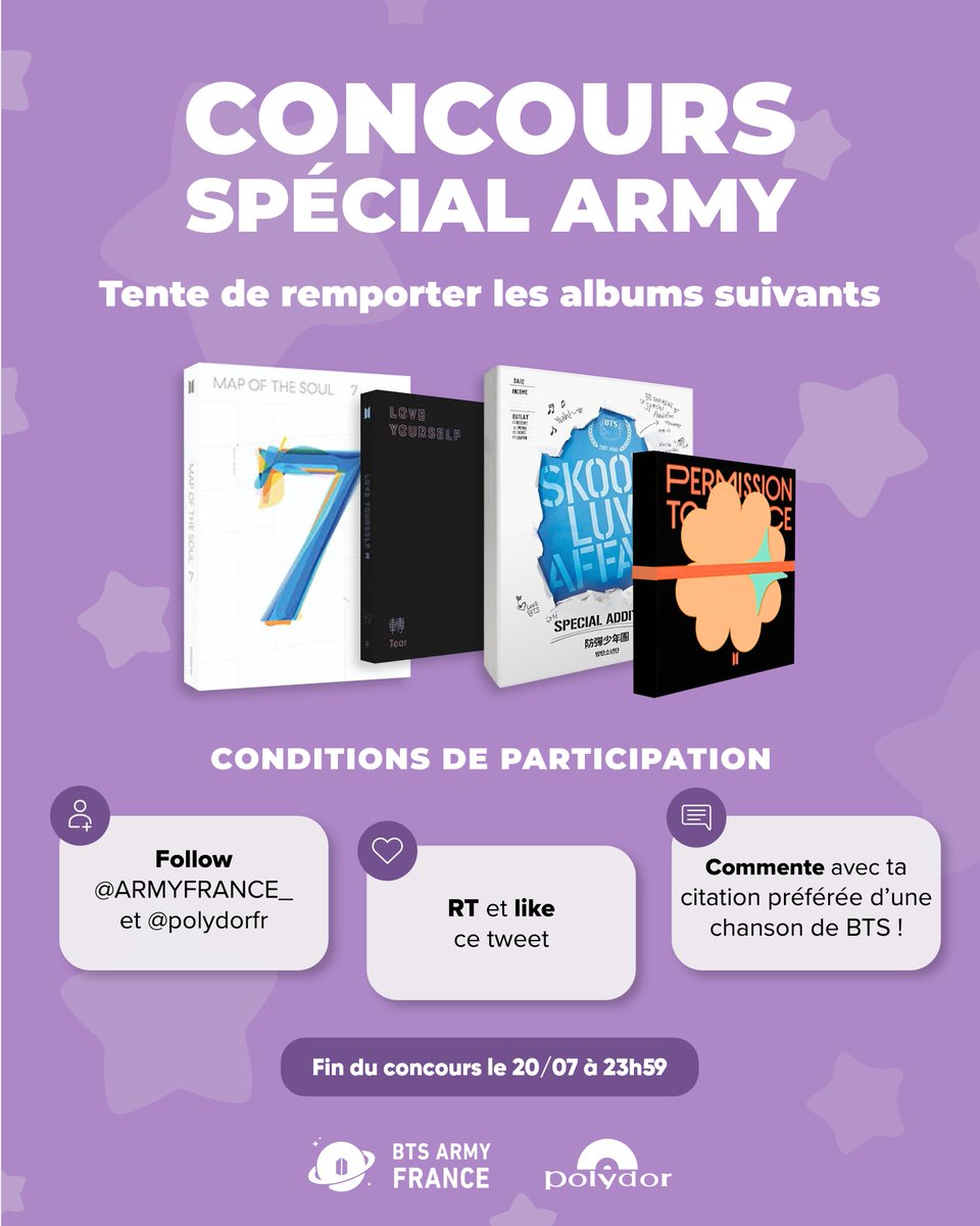 ARMYFRANCE_'s tweet photo. [@BTS_twt x @polydorfr]

CONCOURS 💜

Joyeux anniversaire ARMYs 💜

Pour célébrer le retour du groupe, l'anniversaire des ARMYs et la sortie prochaine de Permission To Dance on Stage - Live, quoi de mieux qu'un giveaway ? 

Tentez de remporter un lot de 4 albums en suivant les conditions expliquées sur le visuel 

Vous pouvez également tenter votre chance sur notre compte Instagram et notre compte TikTok, où d'autres lots sont à gagner !

🔗 https://t.co/nB1Nn5WfPD
🔗 https://t.co/SOoKbrT2PG

Bonne chance à tous.tes ! 

#PTD_ON_STAGE_LIVE #HappyBirthdayARMY #BTS