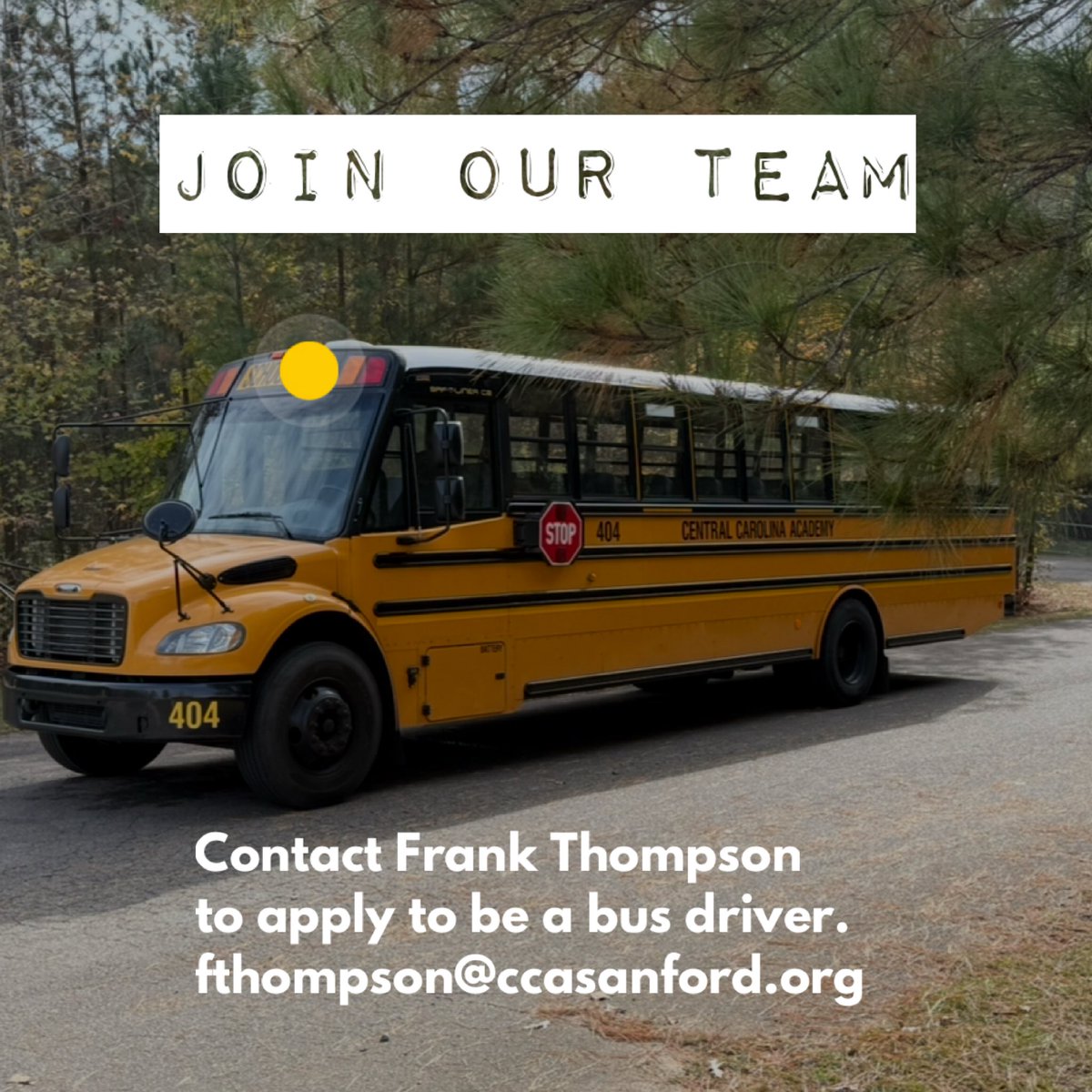 CentralCarolinaAcademy (@ccacademyeagles) on Twitter photo Play an important role at CCA by helping transport our students safely to and from school. Each bus route has a single pick up and drop off point. Contact Frank Thompson to apply to be a bus driver. fthompson@ccasanford.org Play an important role at CCA by helping transport our students safely to and from school. Each bus route has a single pick up and drop off point. Contact Frank Thompson to apply to be a bus driver. fthompson@ccasanford.org