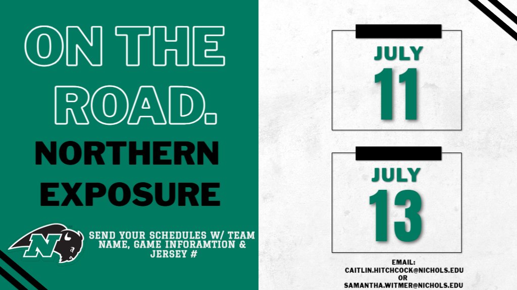 Nichols Softball (@ncbison_sball) on Twitter photo Weโre headed to the USA Elite Northern Exposure Showcase in CT this weekend! ๐ฅ๐
We'll be on the lookout for some future Bison ๐ฆฌ โ so be sure to send us your schedules ๐
#TheHerd #BisonPride #FutureBison
Email: Caitlin.Hitchcock@nichols.edu or
Samantha.Witmer@nichols.edu Weโre headed to the USA Elite Northern Exposure Showcase in CT this weekend! ๐ฅ๐
We'll be on the lookout for some future Bison ๐ฆฌ โ so be sure to send us your schedules ๐
#TheHerd #BisonPride #FutureBison
Email: Caitlin.Hitchcock@nichols.edu or
Samantha.Witmer@nichols.edu