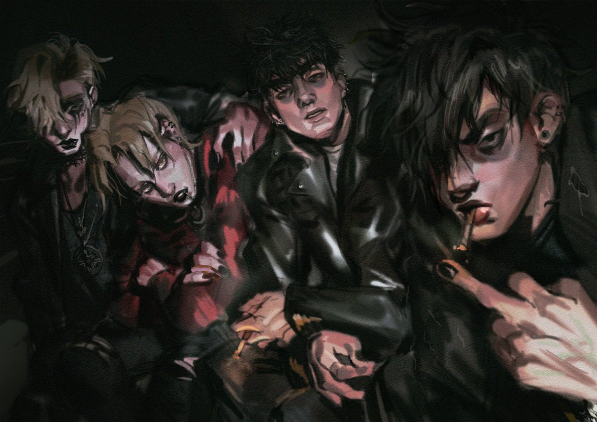 Emil and his emo best bros. 🖤🤙
(3 of them are my friends's character!
#digitalart #emo #emoart #originalcharacter #art #ocart #art