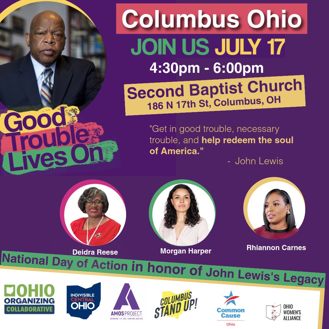 CommonCauseOhio's tweet image. Join us on for Good Trouble Lives On at the Second Baptist Church in Columbus on Thurs, July 17. Speakers include: Deidra Reese, Ohio Organizing Collaborative & the Amos Project; Morgan Harper, Columbus Stand Up; and Rhiannon Carnes, Ohio Women’s Alliance
mobilize.us/indivisiblecen…