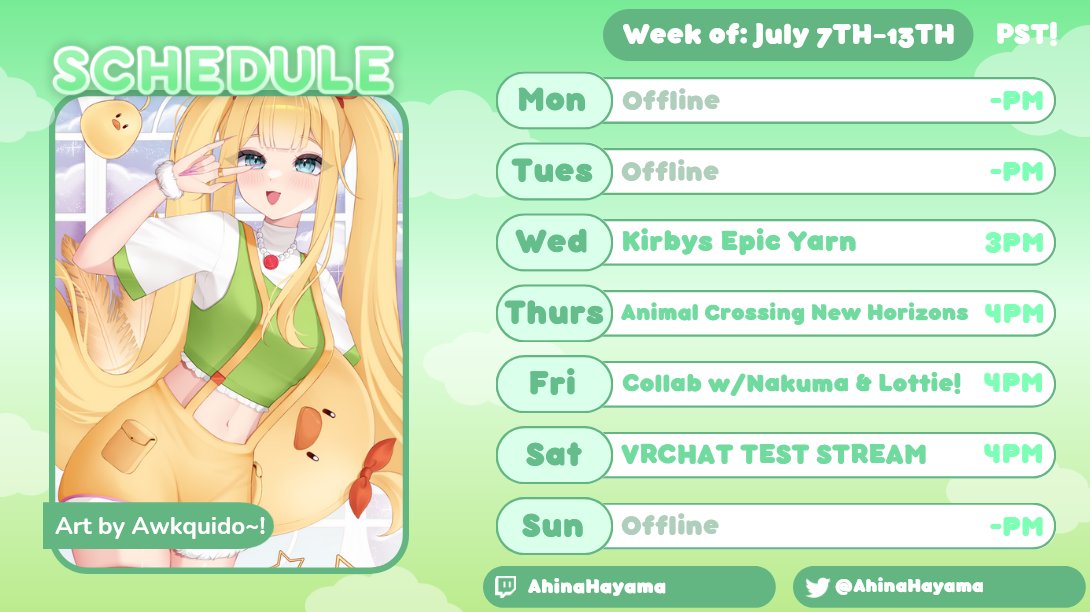 Schedule for this week! I'M STARTING TODAYS STREAM NOW THOUGH!!!