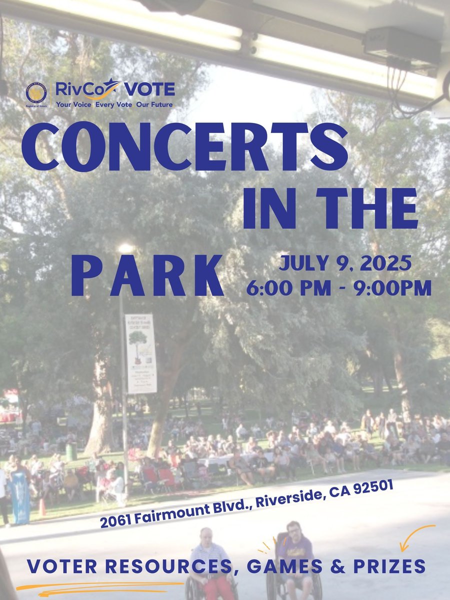 RivCoRegistrar's tweet image. Concerts in the Park: Cumbia • Rock en Español • Salsa
Fairmont Park, Riverside
Wednesday, July 9 | 6–9 PM
Conciertos en el Parque: Cumbia• Rock en Español • Salsa
Fairmont Park, Riverside
Miércoles, 9 de julio | 6–9 PM