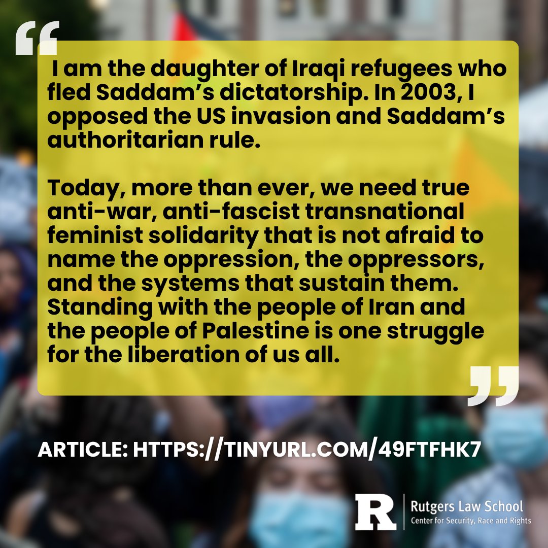 Center for Security, Race and Rights (@rucsrr) on Twitter photo Read the latest article by CSRR Faculty Affiliate Zahra Ali, "As an Iraqi and a feminist, I side with the people of Iran and Palestine, not with their oppressors."
<a href="/ZahraSociology/">Zahra Ali زهراء علي</a>
Link to Full Article: tinyurl.com/49ftfhk7 Read the latest article by CSRR Faculty Affiliate Zahra Ali, "As an Iraqi and a feminist, I side with the people of Iran and Palestine, not with their oppressors."
<a href="/ZahraSociology/">Zahra Ali زهراء علي</a>
Link to Full Article: tinyurl.com/49ftfhk7