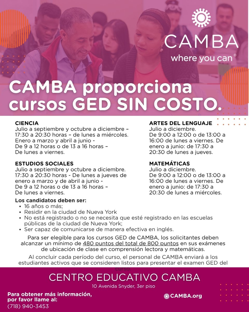 CAMBAInc's tweet image. Ready to earn your GED? CAMBA offers FREE Science, Language Arts, Social Studies, and Math courses! Day/evening classes available. Enroll: (718) 940-3453 or camba.org. #GEDSuccess #FreeLearning #NYCEducation #OpportunityKnocks