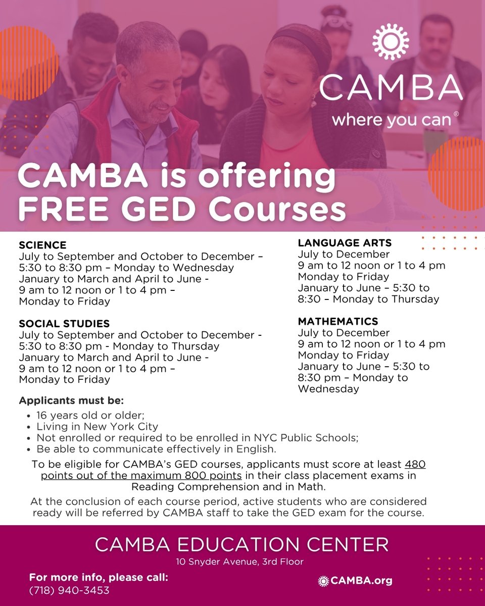 CAMBAInc's tweet image. Ready to earn your GED? CAMBA offers FREE Science, Language Arts, Social Studies, and Math courses! Day/evening classes available. Enroll: (718) 940-3453 or camba.org. #GEDSuccess #FreeLearning #NYCEducation #OpportunityKnocks