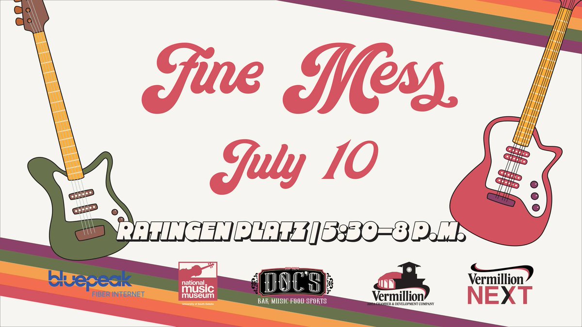We're kicking it off—tomorrow, we make our triumphant return to the Ratingen Platz for Vermillion's #1 summer music series!
Thanks as always to our sponsors Bluepeak Fiber Internet, the National Music Museum &amp; Doc's Bar!
ow.ly/EGSv50WnchX