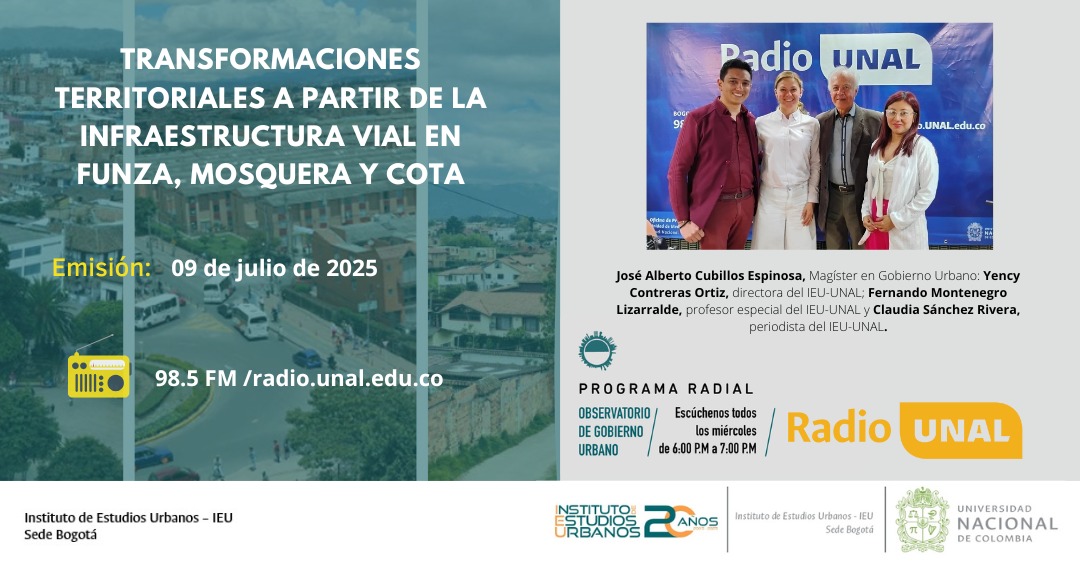 #ParaEscuchar #ObservatorioGobiernoUrbano
Tema: Transformaciones territoriales a partir de la infraestructura vial en Funza, Mosquera y Cota
Invitados del <a href="/IEU_UNAL/">Instituto de Estudios Urbanos - UNAL</a>: <a href="/YencyContreras/">YencyContrerasOrtiz</a>, directora, Fernando Montenegro, docente y <a href="/JoseACubillosE/">Jose Cubillos.</a>, MGU.
Por la 98.5 FM Btá @ RadioUNAL.