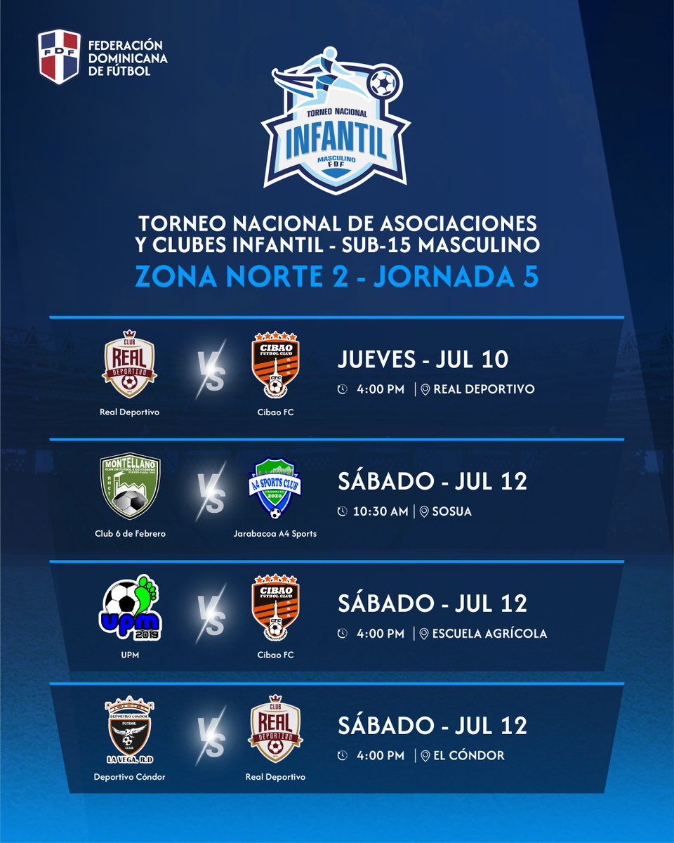 Conoce los horarios y partidos de este fin de semana del Torneo Nacional de Asociaciones y Clubes Infantil Sub-15 Masculino.

#FDF #FederacionDominicanaDeFutbol