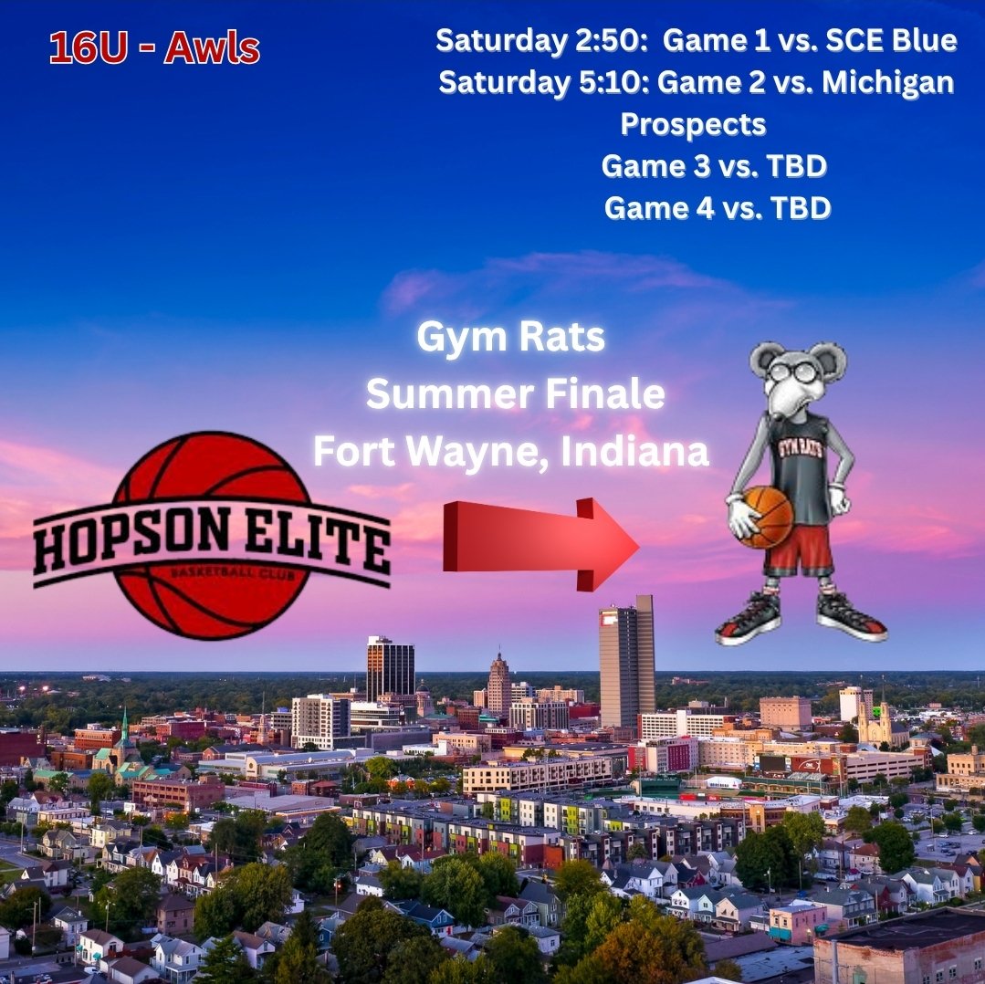 Hopson Elite Basketball Club ππ (@hopsonelitebb) on Twitter photo 1οΈβ£6οΈβ£ β <a href="/camj_awls10/">Cam Awls</a>
16U Awls heads to Fort Wayne for the <a href="/gymratsbball/">Gym Rats Basketball</a>
Summer Finale! ππͺ
π Sat 2:50 β Game 1 vs. SCE Blue
π Sat 5:10 β Game 2 vs. Michigan Prospects
π Games 3 & 4: TBD
Time to make noise! π
#HopsonElite #16U #GymRatsFinale #AAUHoops
<a href="/PrepHoopsOH/">Prep Hoops Ohio</a> 1οΈβ£6οΈβ£ β <a href="/camj_awls10/">Cam Awls</a>
16U Awls heads to Fort Wayne for the <a href="/gymratsbball/">Gym Rats Basketball</a>
Summer Finale! ππͺ
π Sat 2:50 β Game 1 vs. SCE Blue
π Sat 5:10 β Game 2 vs. Michigan Prospects
π Games 3 & 4: TBD
Time to make noise! π
#HopsonElite #16U #GymRatsFinale #AAUHoops
<a href="/PrepHoopsOH/">Prep Hoops Ohio</a>