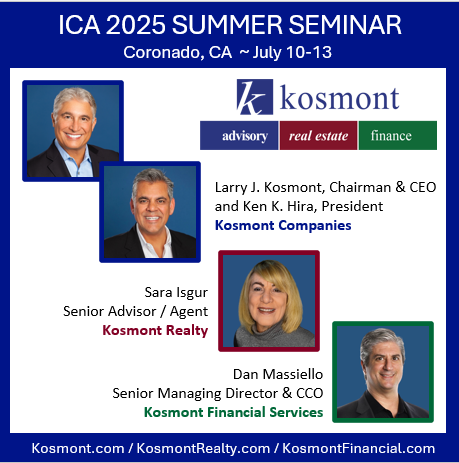 The #Kosmont Team is on their way to the #ICASummerSeminar July 10-13 in sunny #Coronado, California! Kosmont Companies Chairman &amp; CEO, Larry Kosmont along with President Ken K. Hira will be accompanied by Senior Advisor Sara Isgur from Kosmont Realty and Senior Managing Director