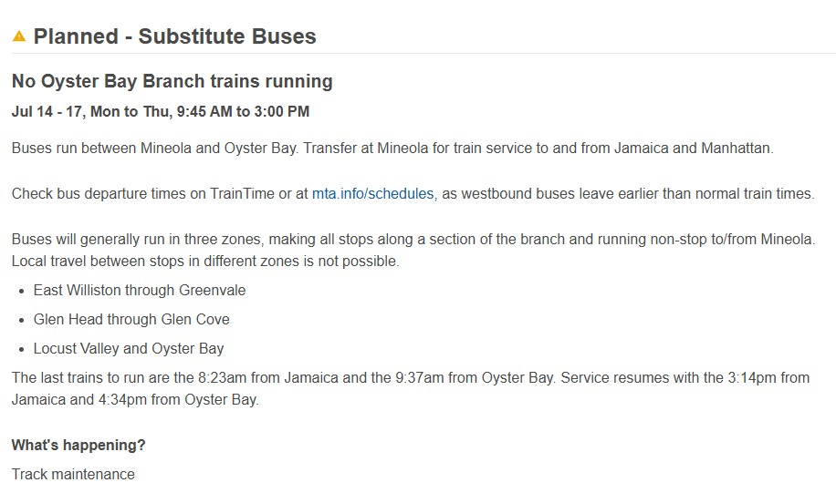 Please note changes on the <a href="/LIRR/">LIRR</a> Oyster Bay Branch from 7/14-7/17.