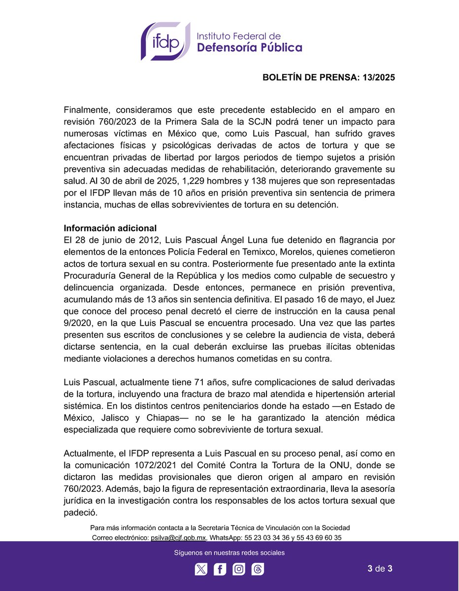 📣 Boletín de Prensa 13/2025

SCJN concede amparo a persona mayor sobreviviente de tortura sexual privada de libertad para que autoridades cumplan medidas ordenadas por el comité CAT de la ONU.

#IFDP #DefensaParaTi #SomosPJF