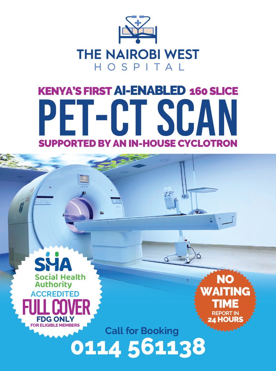 Looking for advanced cancer diagnostics?

Experience Kenya’s first AI-enabled 160-slice PET-CT scan at The Nairobi West Hospital, powered by an in-house cyclotron.

✅ Fully covered by the Social Health Authority (SHA) for eligible members — PET CT scans (FDG).
✅ No waiting time
