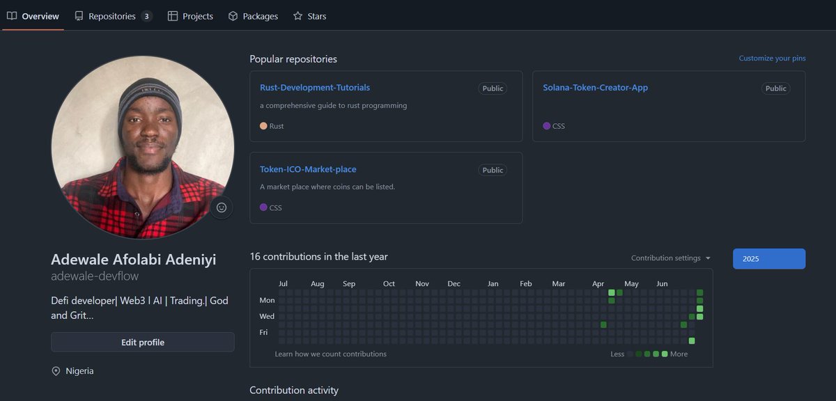 afolabiwale262's tweet photo. No cap, NYSC had me off GitHub for a while…
But I’m back now and it feels good to touch code again!
More commits, projects, and growth loading. 
Let’s get it! 💻.
#GitHub #NYSC #DevJourney #BackToCode https://t.co/IjSbMrcjeN