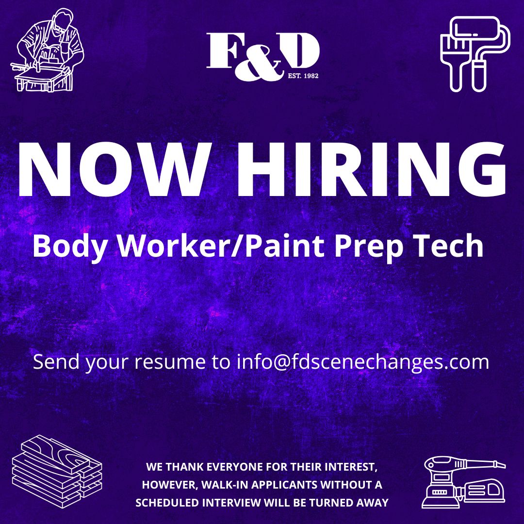 F&D Scene Changes (@fdscenechanges) on Twitter photo Do you have hands-on experience in bodywork, bondo, grinding, filling, sanding, etc. ? We would love to chat! Send your resume to info@fdscenechanges.com Do you have hands-on experience in bodywork, bondo, grinding, filling, sanding, etc. ? We would love to chat! Send your resume to info@fdscenechanges.com