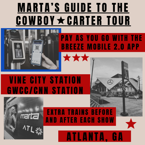 MARTAservice's tweet photo. #Beyhive Ready 🐝🤠? 
Grab your crew, dust off those boots, and #LetMARTADrive you to the Cowboy Carter concert tomorrow. Secure your ride via Breeze Mobile 2.0 before the show. 
Download the app here: https://t.co/PbJCFwQIpw
View rail schedules here: https://t.co/UzqvhuuuBf https://t.co/btHYyFqVzv