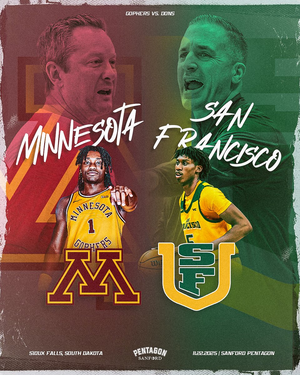 sanford_complex's tweet image. JUST IN: The @GopherMBB will play the @USFDonsMBB in menβs basketball at the Sanford Pentagon in a nonconference matchup on Nov. 22.
The on-sale date for tickets will be announced later.
Read more at: bit.ly/4nGyNS6
#SanfordSports