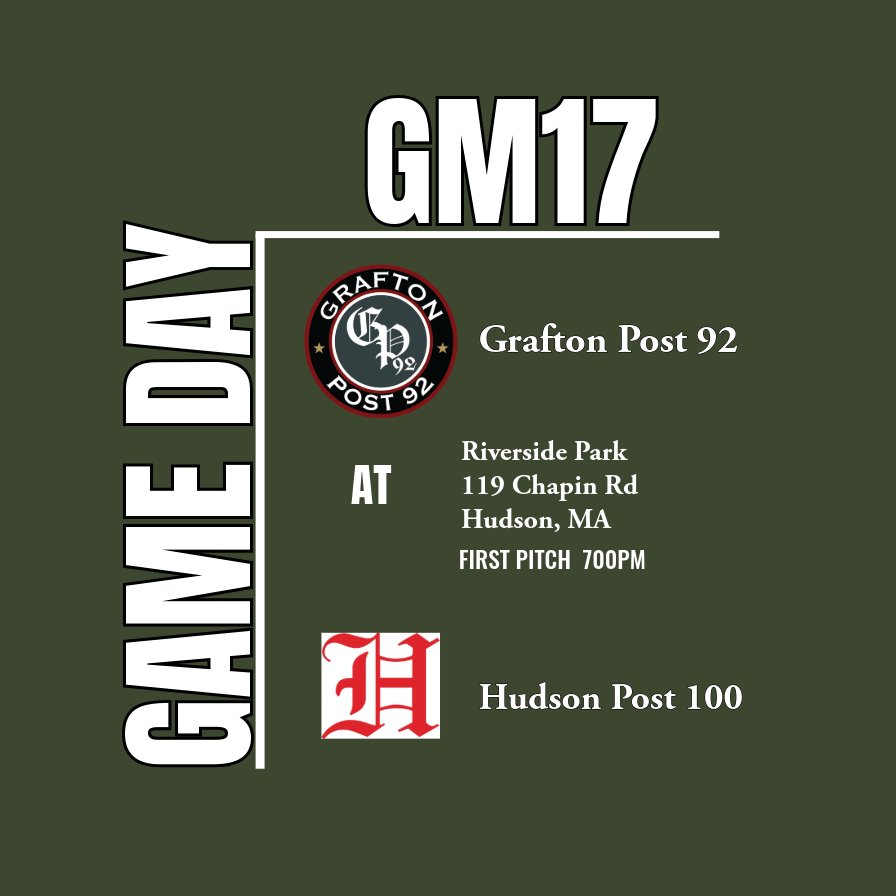 GM17 vs <a href="/HudsonPost100/">Hudson Post 100</a> 
🏟️ Riverside Park
119 Chapin Rd. Hudson, MA
🕖 First Pitch 7PM