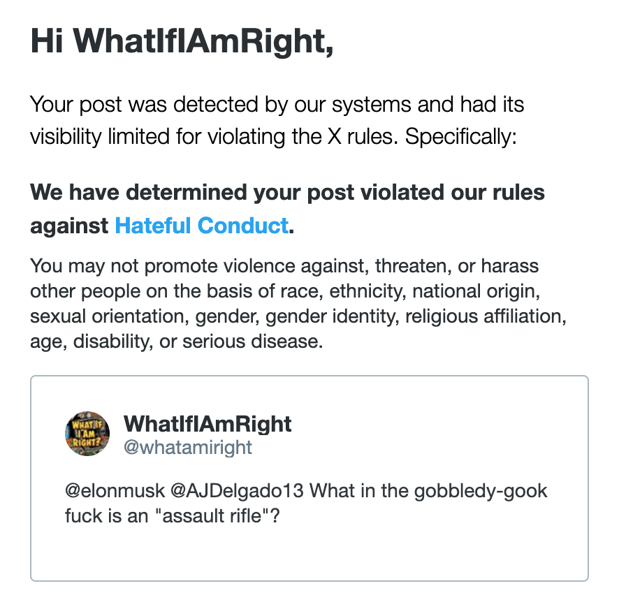 whatamiright's tweet image. Wow X, you're automated detection system is retarded when it comes to hate speech!
Did Elon make you do this?