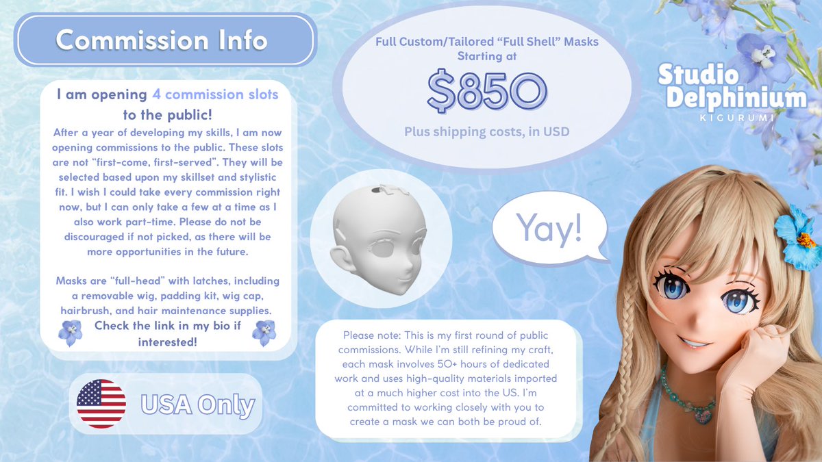 delphiniumkig's tweet image. I’m excited to announce my first round of public commissions! (USA only, 21+)

Submissions will be open until 11:59 PM (EST) on July 16. The selected clients will be notified via email by July 23. I look forward to working with you!

#kigurumi #kigurumimask