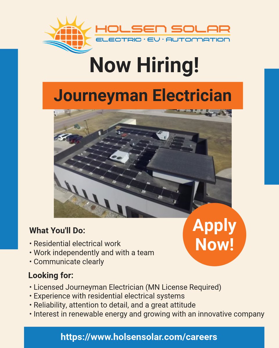 Holsen Solar is looking for a licensed Journeyman Electrician to join their team!
Interested or ready to apply? Email jess@holsenhome.com to learn more!