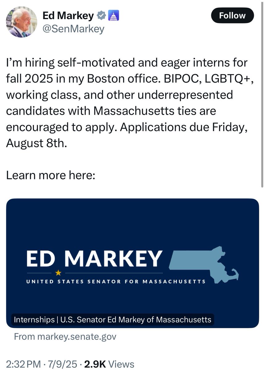 Democrat Senator Ed Markey is looking to hire interns but he prefers if you’re not White or straight.

Just open, blatant discrimination against straight White people. Incredible

cc <a href="/AAGDhillon/">AAGHarmeetDhillon</a>