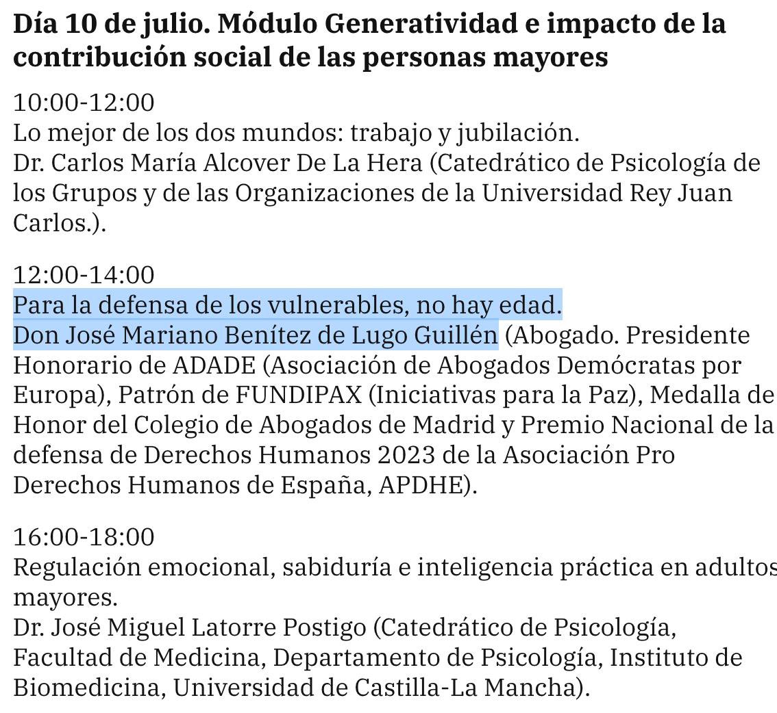 ‘PARA LA DEFENSA DE LOS VULNERABLES, NO HAY EDAD’. Es mi ponencia mañana la Univ. Verano de <a href="/USCompostela/">USCompostela</a>, dentro del módulo ‘Generatividad e impacto de la contribución social de las personas mayores’, en el curso ‘Envejecimiento: ganancias y resiliencia’ usc.gal/es/servicios/a…
