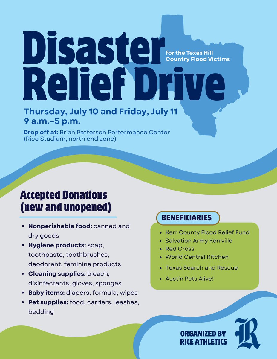 RiceUniversity's tweet image. Join us in supporting families in Central Texas impacted by devastating floods. Let’s show them they’re not alone. 💙
📅 Thurs 7/10 & Fri 7/11
🕘 9 am – 5 pm
📍 Brian Patterson Center
📦 Bring non-perishables, hygiene, baby & pet items
♥️Donate via QR on-site