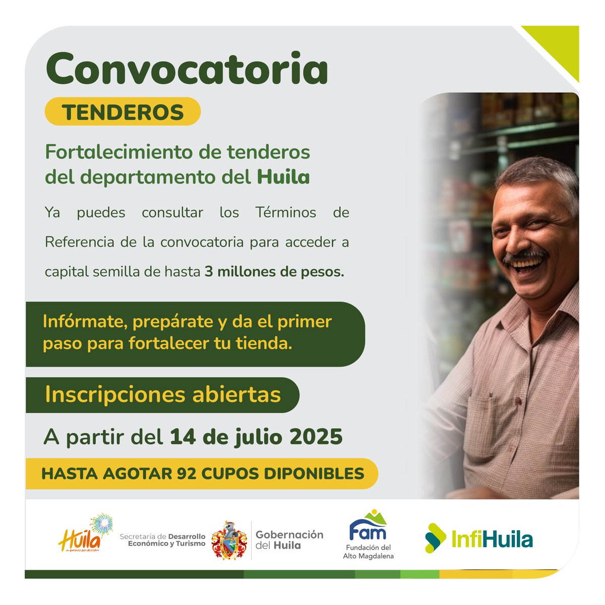 ¿Eres Tendera o Tendero y sueñas con fortalecer tu negocio?
Ya puedes consultar los Términos de Referencia de la convocatoria para acceder a capital semilla de hasta 3 millones de pesos.
🔗 Consulta los términos y postúlate.
fundaciondelaltomagdalena.org.co/convocatorias-…
#INFIHUILA #trasformandoregion