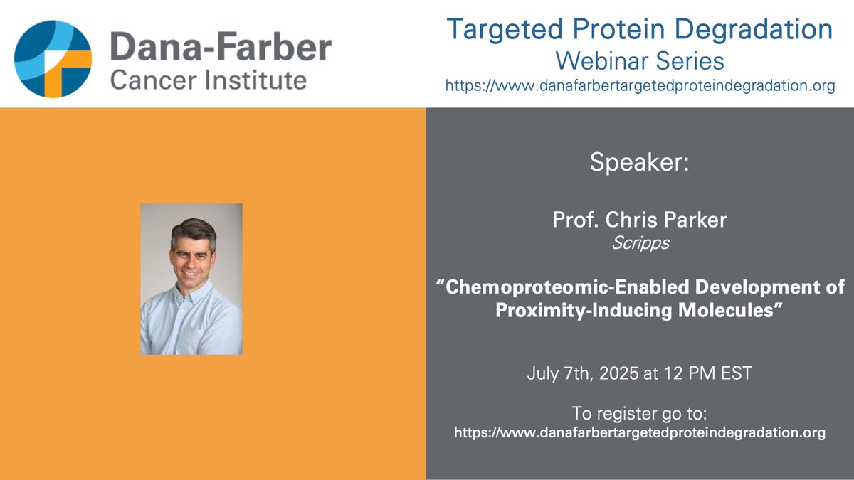 Mikołaj Słabicki (@biomiko) on Twitter photo Join us for the next DFCI #TPD Seminar — July 10, 2025!
Chemoproteomic-Enabled Development of Proximity-Inducing Molecules
Christopher G. Parker, Scripps Research
Details: …afarbertargetedproteindegradation.org
Don't miss it! Join us for the next DFCI #TPD Seminar — July 10, 2025!
Chemoproteomic-Enabled Development of Proximity-Inducing Molecules
Christopher G. Parker, Scripps Research
Details: …afarbertargetedproteindegradation.org
Don't miss it!
