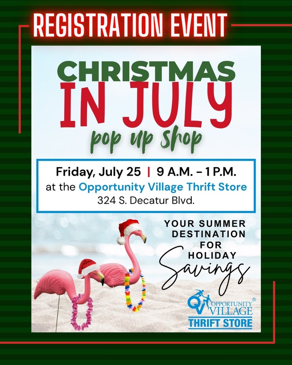 Get into the holiday spirit early by signing up for the Las Vegas Great Santa Run in person at the Christmas in July pop-up shop! 🎅

Join us at the Opportunity Village Thrift Store on July 25 from 9 AM - 1 PM to snag an exclusive in-store deal when you register.

#LVSantaRun