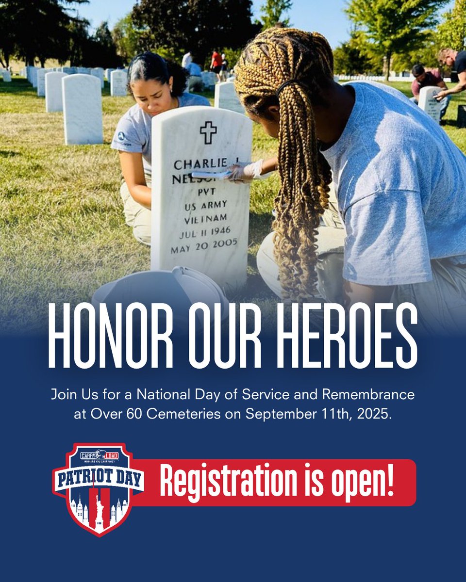 CarryTheLoad's tweet image. This Patriot Day, Sept 11, join #CarryTheLoad &amp;amp; @DeptVetAffairs National Cemetery Admin. (NCA) as we honor &amp;amp; remember our fallen heroes by beautifying the grounds of cemeteries across the country. Register for our National Day of Service &amp;amp; Remembrance: carrytheload.org/patriot-day-na…